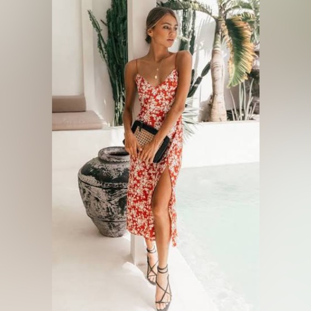 Spaghetti Strap Red Floral Midi Dress
